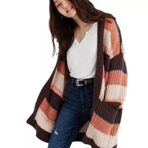 American Eagle Chenille Stripe Brown Orange Cream Longline Duster Cardigan Sz XS
